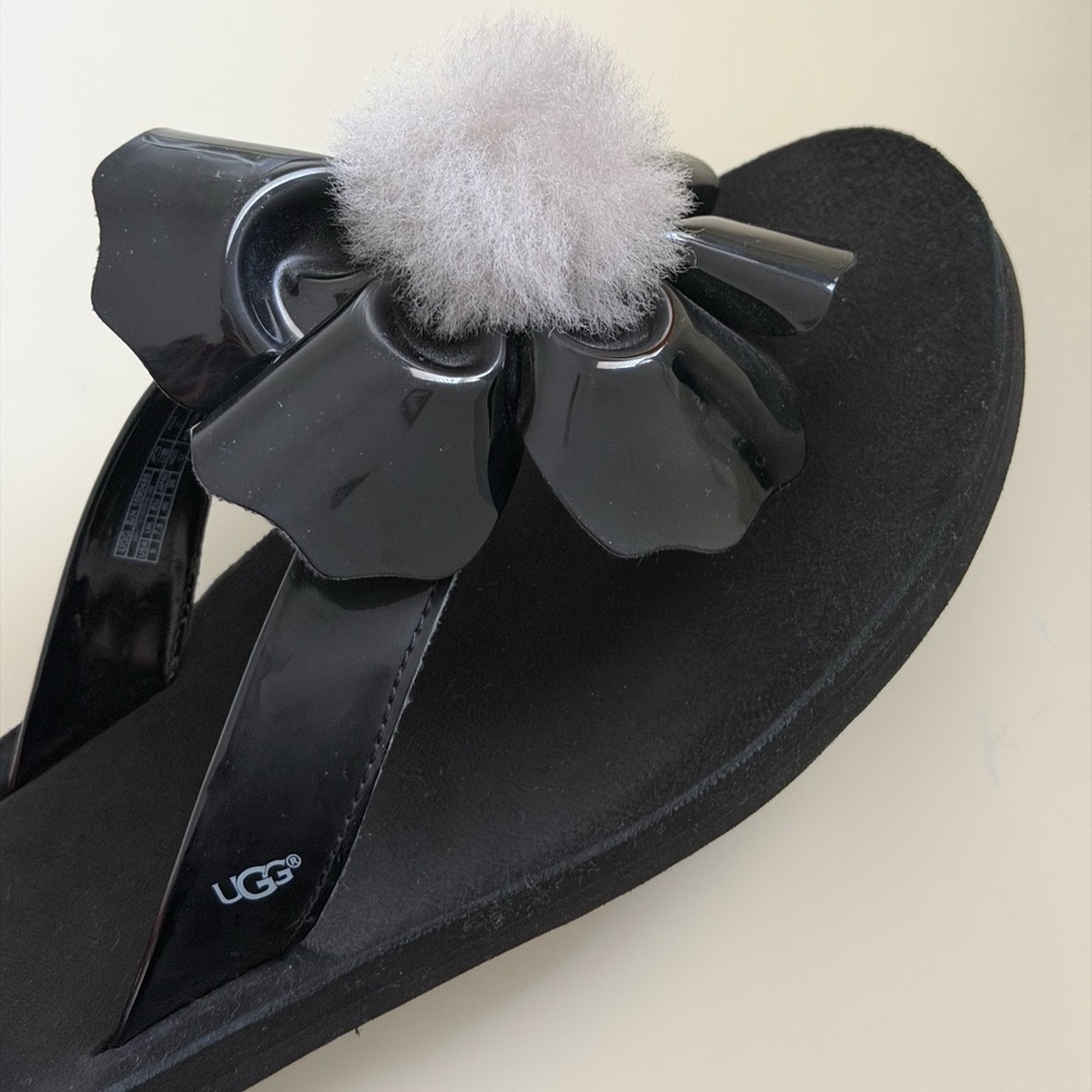 UGG Black Sandals with Gray Pom Pom